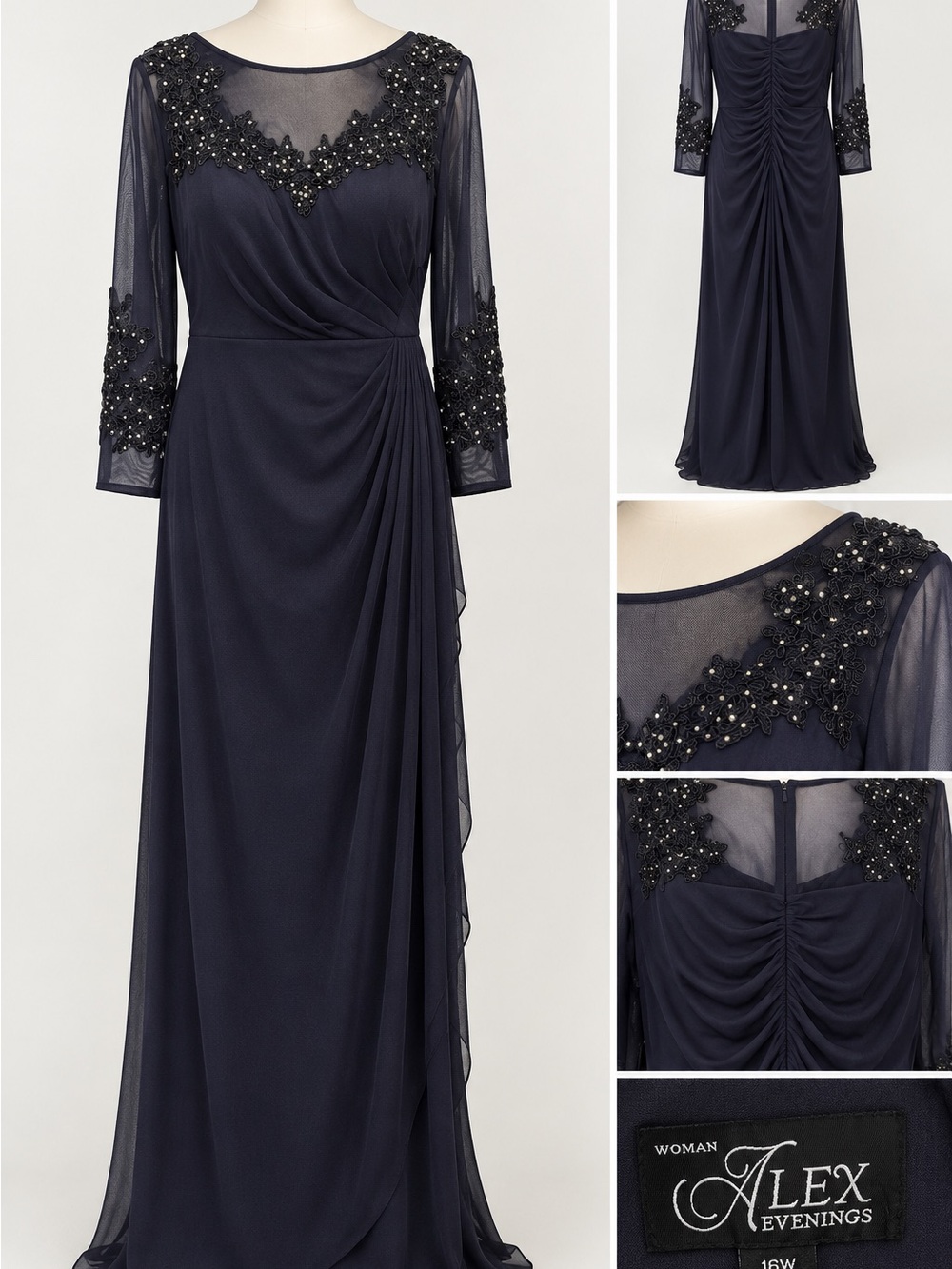 Alex Evenings Navy Beaded Illusion Sleeve Maxi Gown
